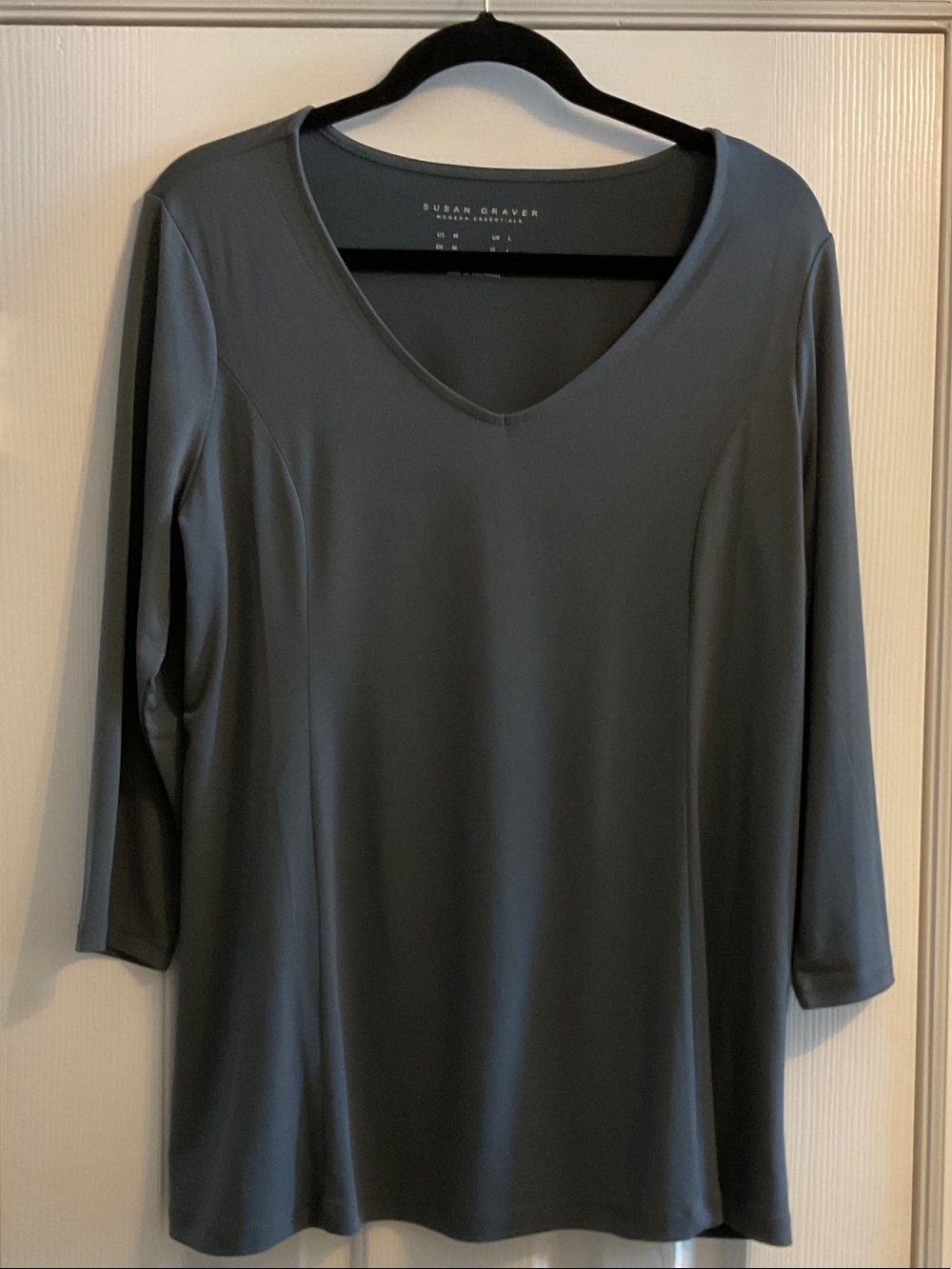 Susan Graver Slate Gray V-Neck Long Sleeve Top, L